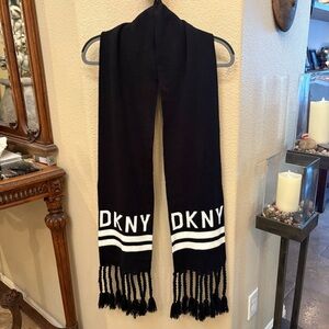 DKNY Black and White Logo Scarf with Tassel Fringe